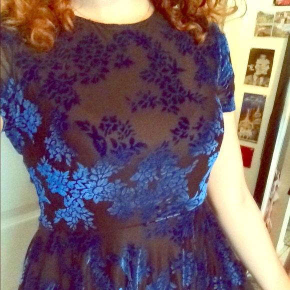 Black dress with blue velvet floral pattern