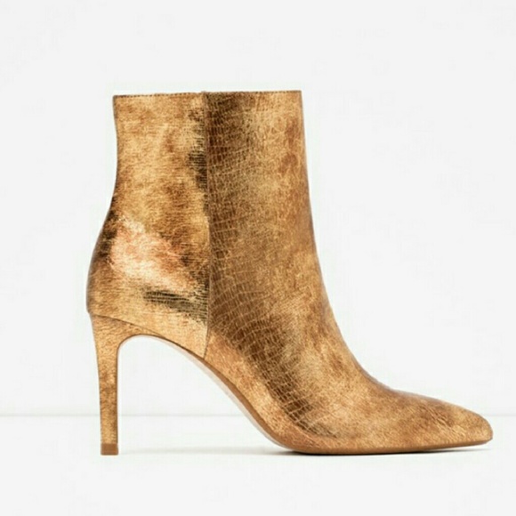 ZARA GOLD LEATHER SEXY BOOTIE BOOTS MID-HEELS