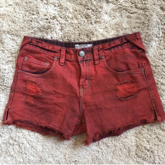 Free People Distressed Red Jean Shorts