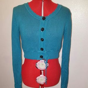 Teal H&M cropped cardigan with black rose buttons