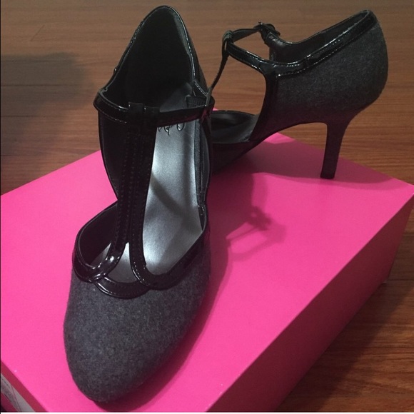Gray t-strap heels