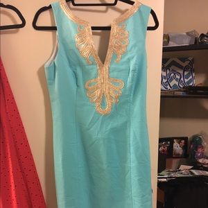 Light blue and gold Lilly dress worn