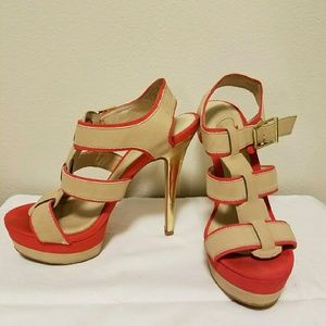 Aldo tan, orange, and gold heels