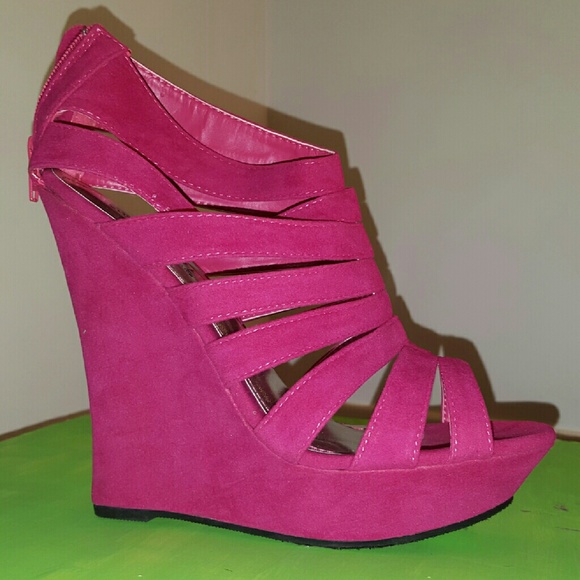 Hot pink suede wedge sandals