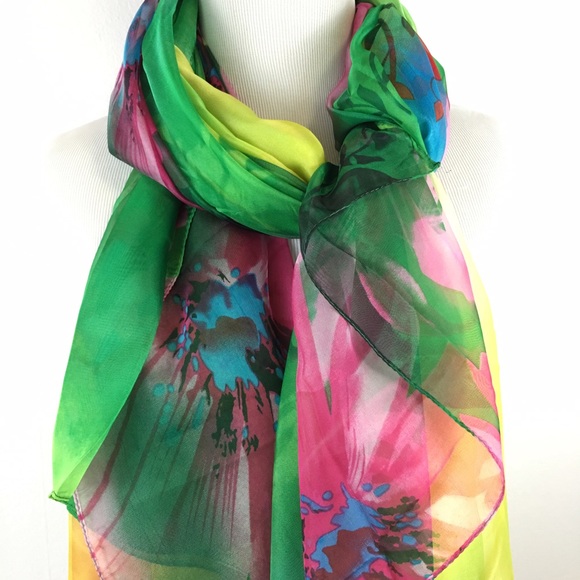 100% silk Scarf Hand Painted Floral Spring Scarf - Picture 2 of 4