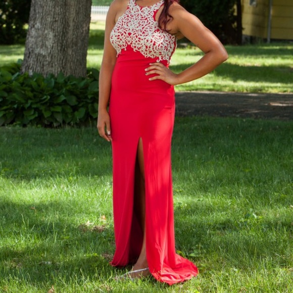 Red halter top prom dress