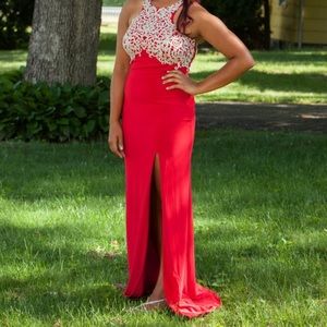 Red halter top prom dress