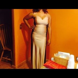 Strapless sweetheart tan and black lace dress