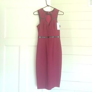 Maroon pencil dress with patten leather keyhole