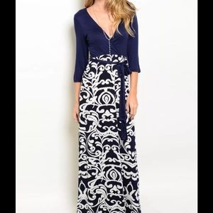 Navy swirl 3/4 sleece wrap maxi dress