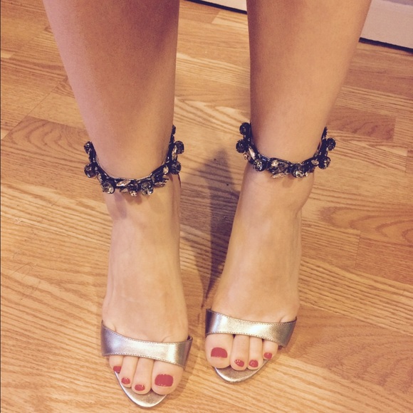 Badgley Mischka silver heels with gem straps