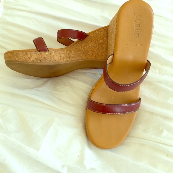 Cork and red leather strappy wedge sandals