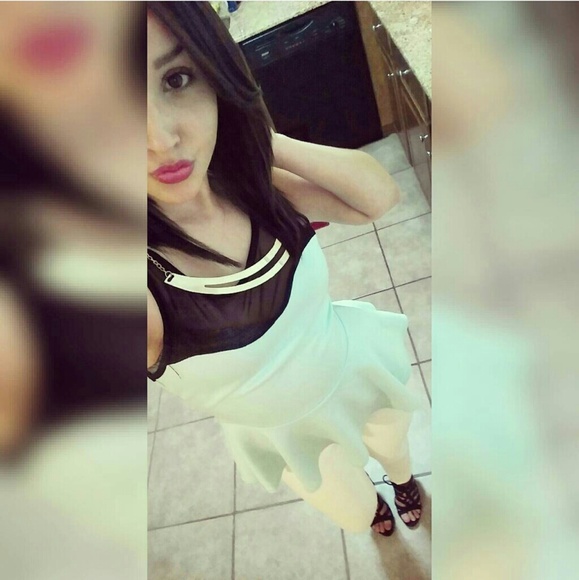 Light blue peplum top with black mesh neck line - Picture 2 of 2