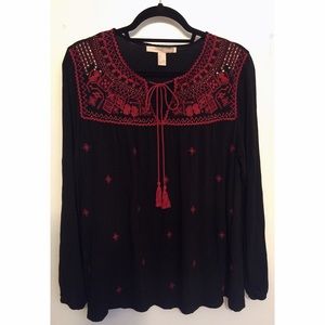 Forever 21 Black & Red Embroidered Peasant Top