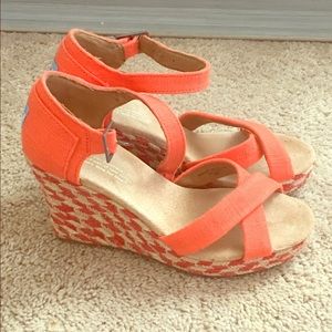 TOMS orange and tan wedge sandals
