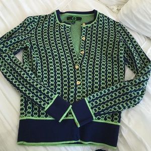 Navy & green link pattern cotton cardigan sweater