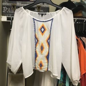 Sheer white with royal blue, yellow and orange