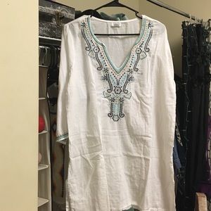 White linen with light blue and tan design