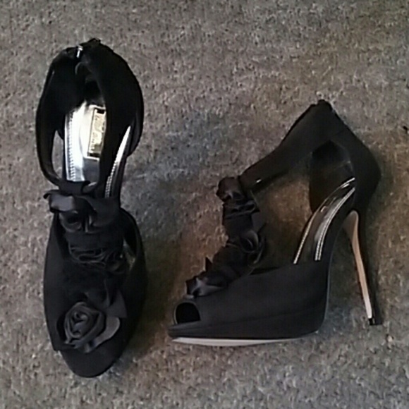 Black Suede Flower High Heels