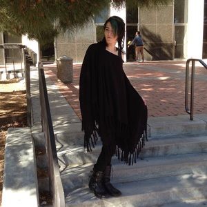 Rue21 Sweaters - Fringe Long Oversized Sweater Poncho Gothic Black Rue21 Sweaters - Fringe Long Oversized Sweater Poncho Gothic Black