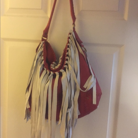 Handbag red soft leather with white fringe