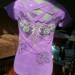 Purple Cross back bedazzled short sleeve top