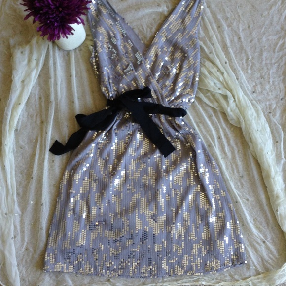 Short silver sequin party dress.