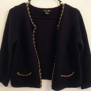 Forever 21 navy blue sweater gold chain on front