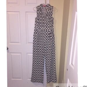 Long Cream & Navy Blue Printed Romper