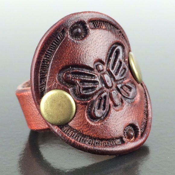 GemFOX Jewelry - Genuine Leather Ring Butterfly Brass Rivets sz 6.5