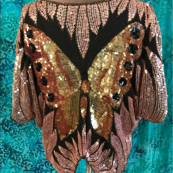 🎉HP✨Vintage 50's Silk Beaded Butterfly Top🌙 - Picture 3 of 4