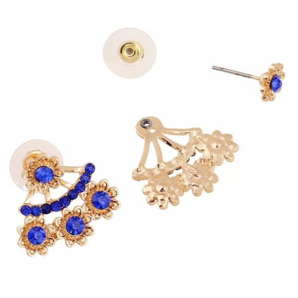 💜 ‼️LAST CALL PRICE FIRM Gorgeous Blue Gold Crystal 2 Part Earrings - Picture 2 of 3