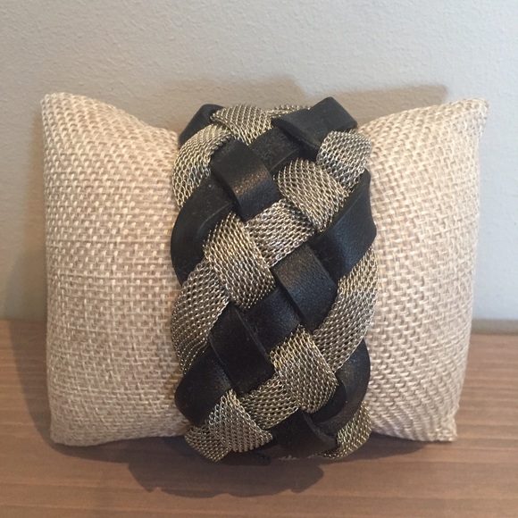 Black leather and silver mesh woven bracelet