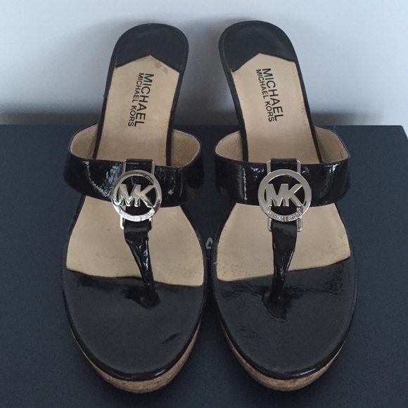 Michael Kors black patent leather corkwedge sandal