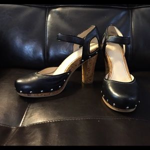 Calvin Klein Black Leather Studded Cork Heels