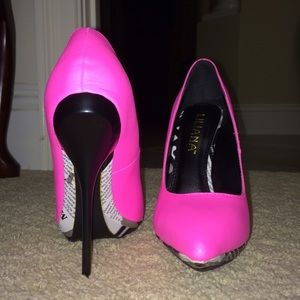 Hot Pink Stilettos with Newspaper Print Platforms