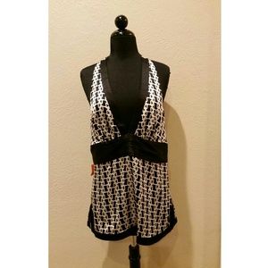 BEBE Silk Black & White Printed Halter Top