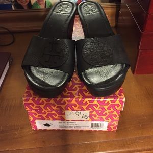 Tory Burch Patti black tumbled leather wedges