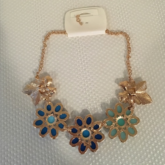 Blue and Gold Flowers Statement Necklace. - Picture 2 of 3