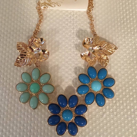 Blue and Gold Flowers Statement Necklace. - Picture 3 of 3