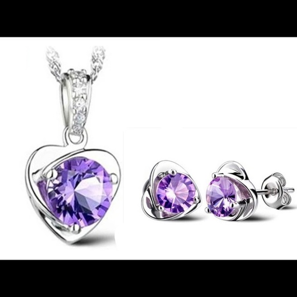Purple Crystal Amethyst Heart Necklace & Earrings