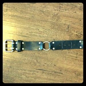 Black Italian leather belt with metal detail.