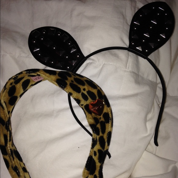 Set of two black leather studded bunny, leopard