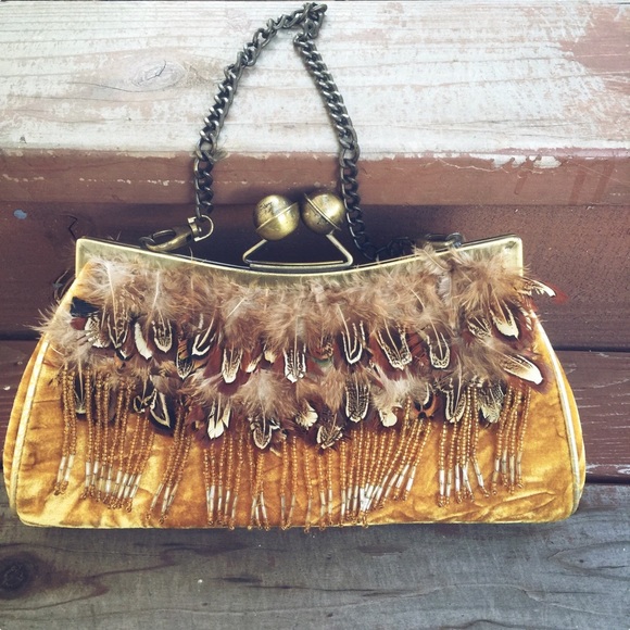 Vintage Hand Beaded/Feather/Velveteen Purse