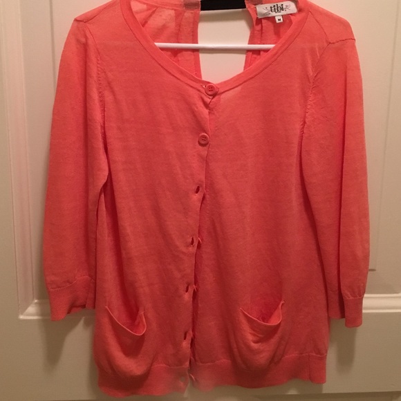 Tibi summer linen button down cardigan top sweater - peach / coral medium