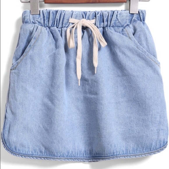 Blue Drawstring Waist Denim Skirt
