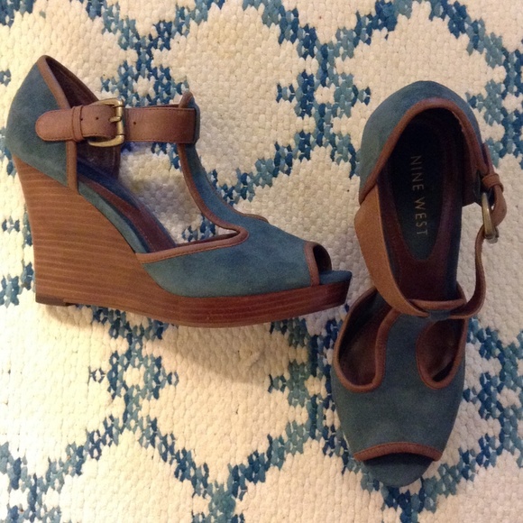 Blue Suede T-Strap Wedges