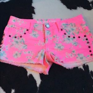 neon pink floral denim shorts