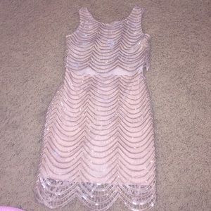 Tan cocktail dress. Perfect for weddings.
