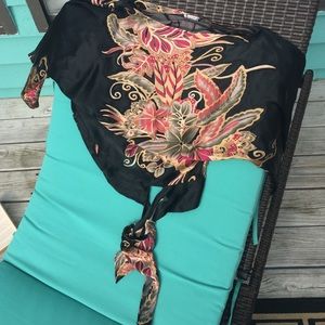 Cache silk kimono-style blouse.